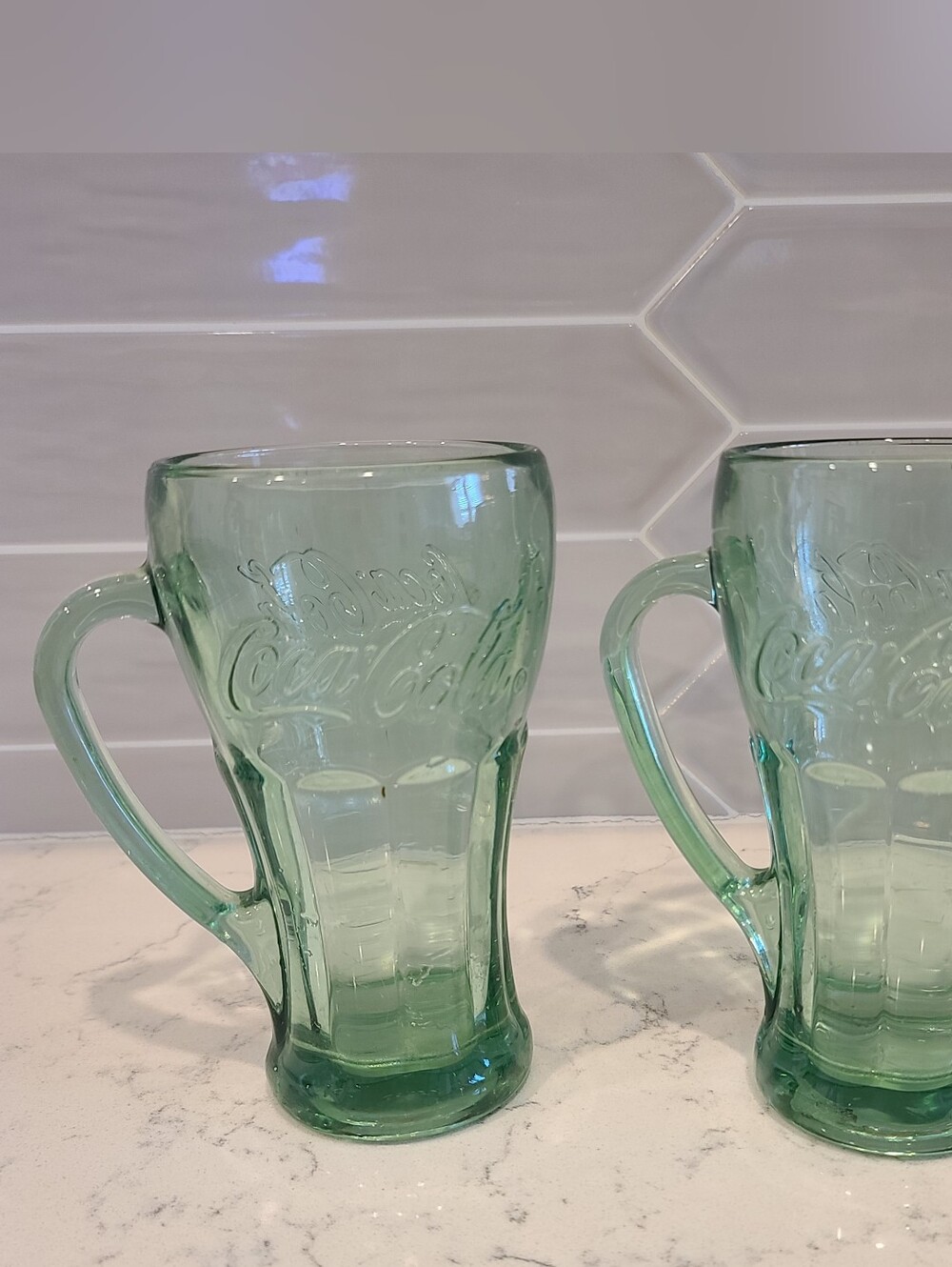 Vintage Coca Cola Light Green Embossed Glass Mug with Handle - Pair